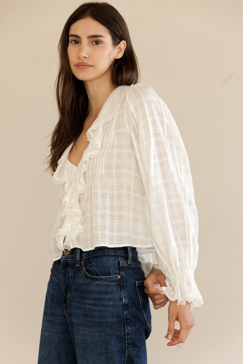 Adhara White Ruffle V-Neck Blouse