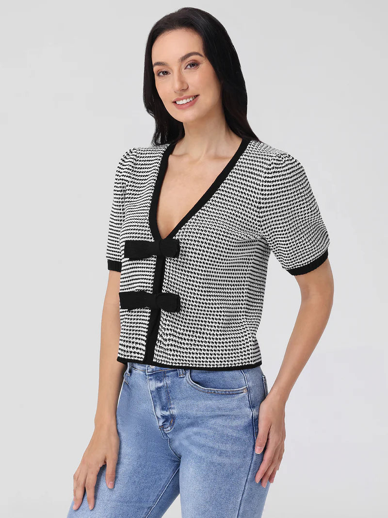 Elaine Puff Sleeve Bow Cardi | Black Multi