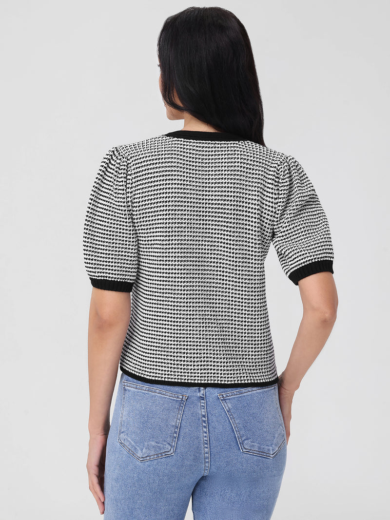 Elaine Puff Sleeve Bow Cardi | Black Multi