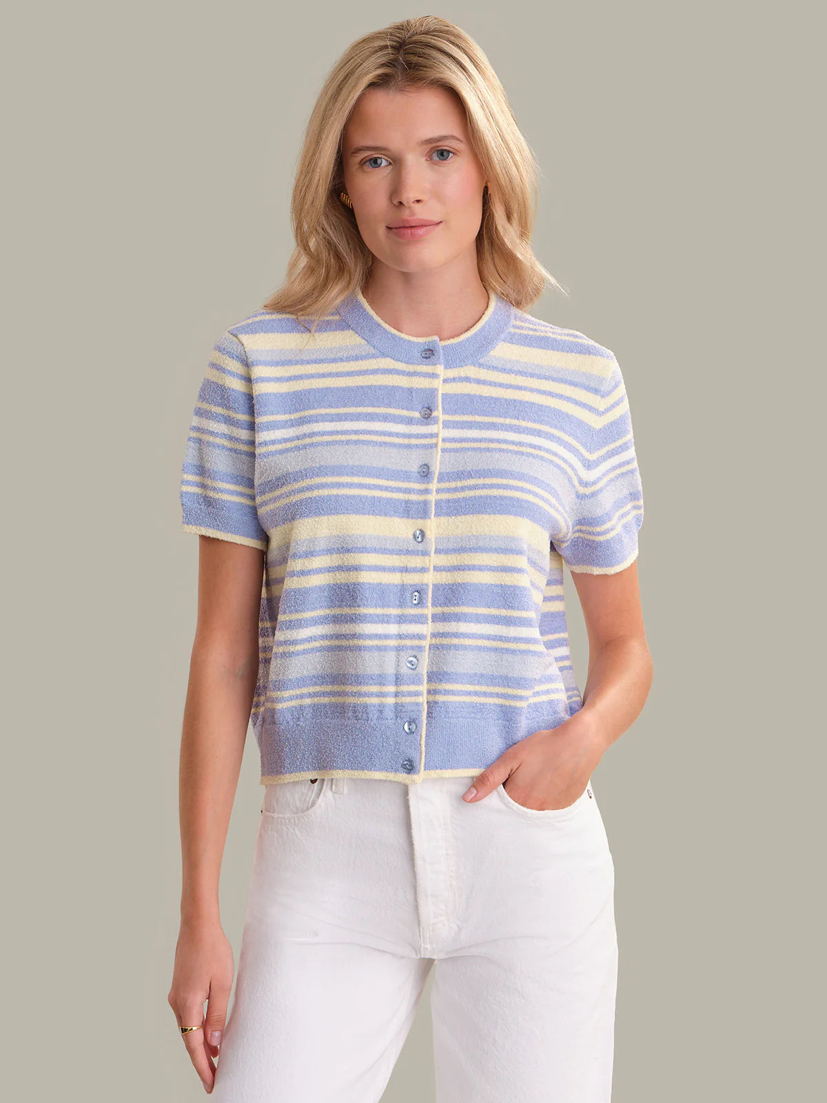 525 Bay: Stripe Short Sleeve Cardigan Blue Heron Multi