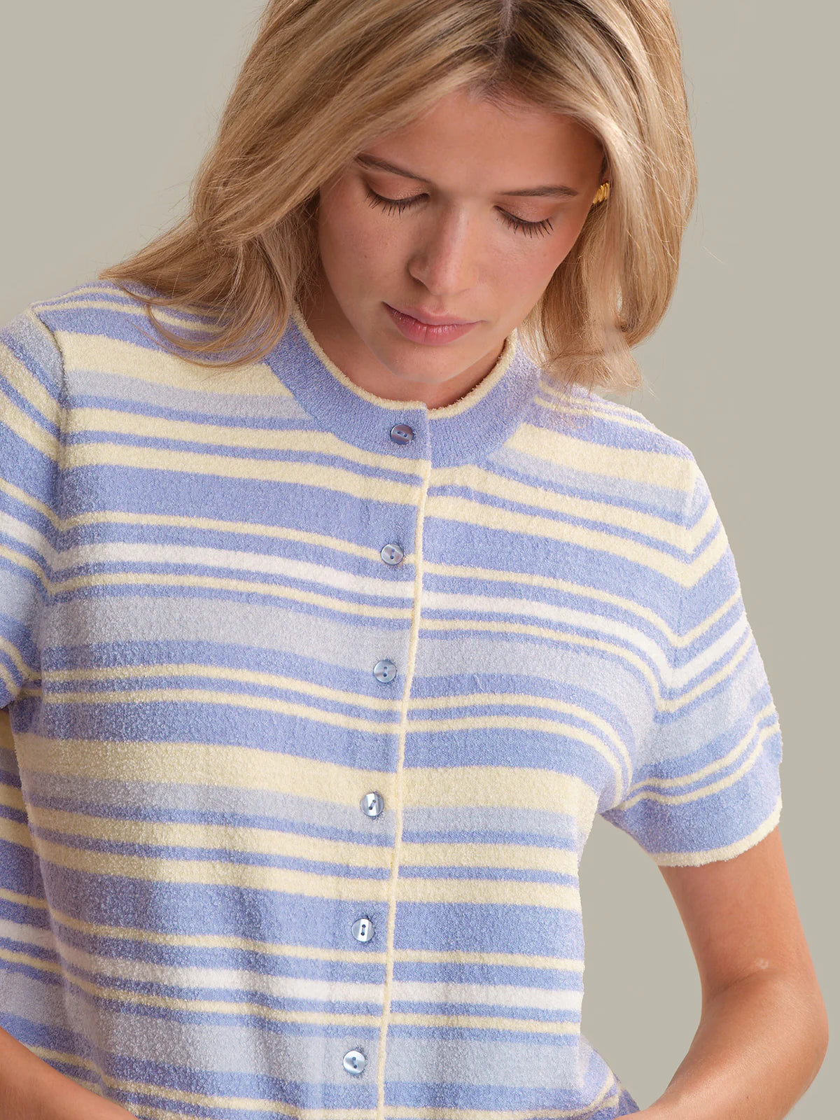 525 Bay: Stripe Short Sleeve Cardigan Blue Heron Multi