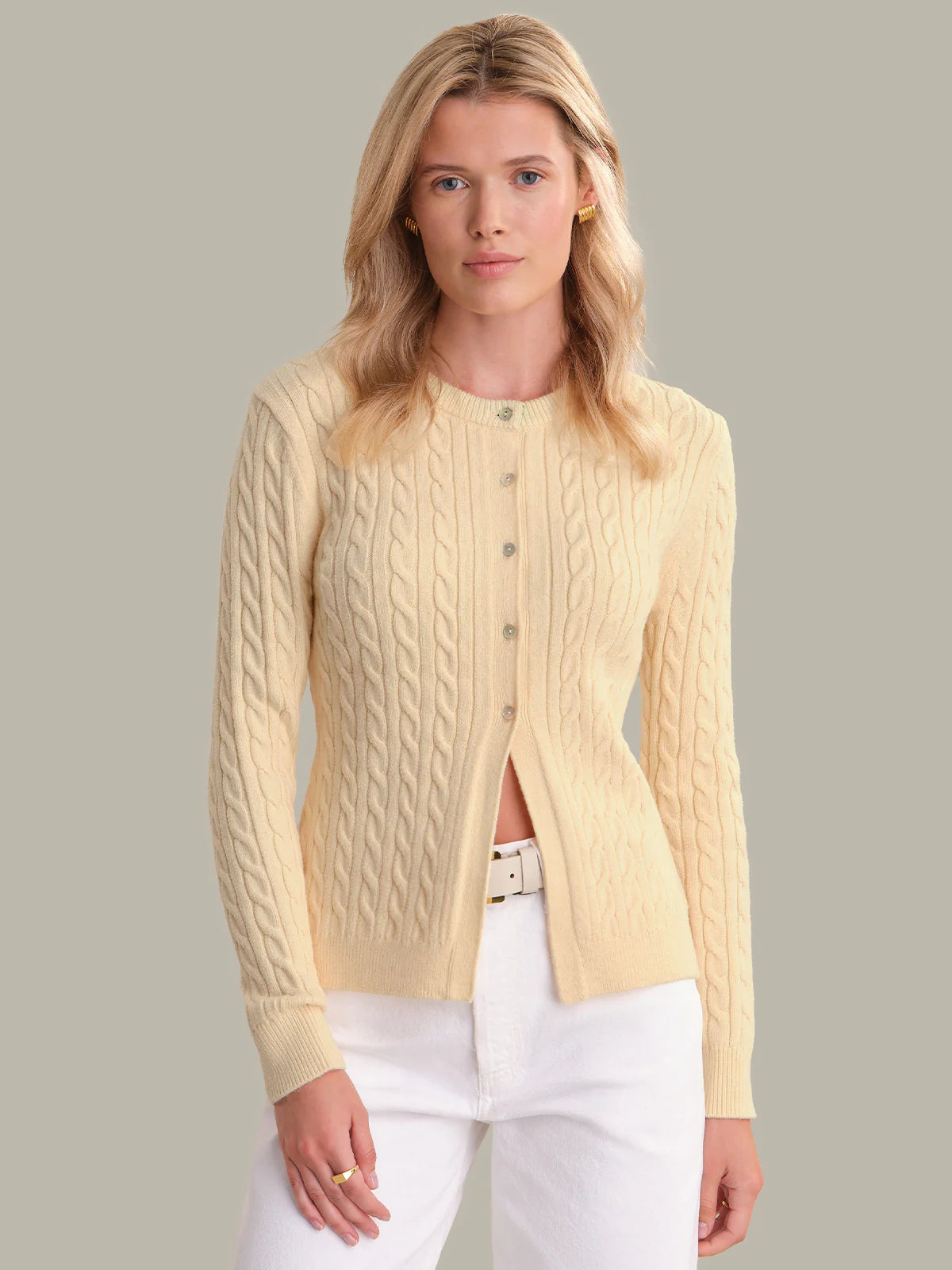 525 Julianna Cable Knit Crewneck Cardigan Butter Yellow
