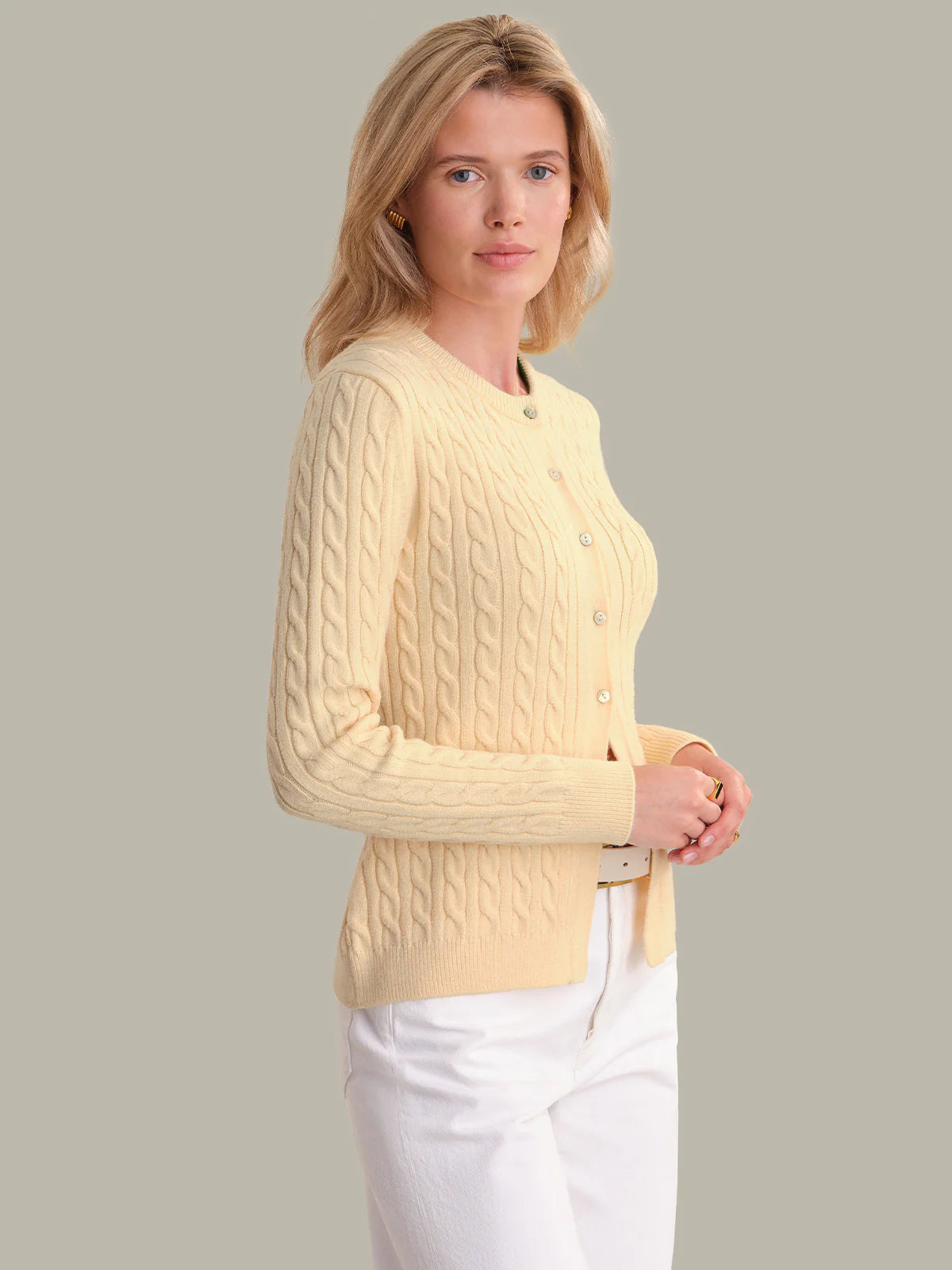 525 Julianna Cable Knit Crewneck Cardigan Butter Yellow