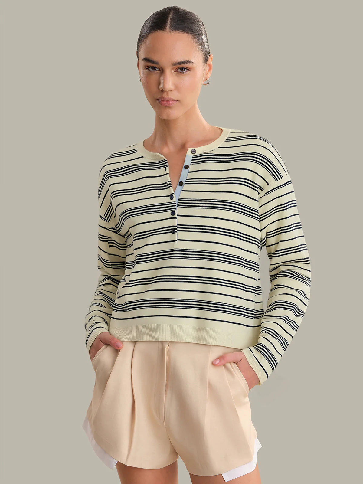 525 Cara Striped Henley Pullover Yellow Icing Combo