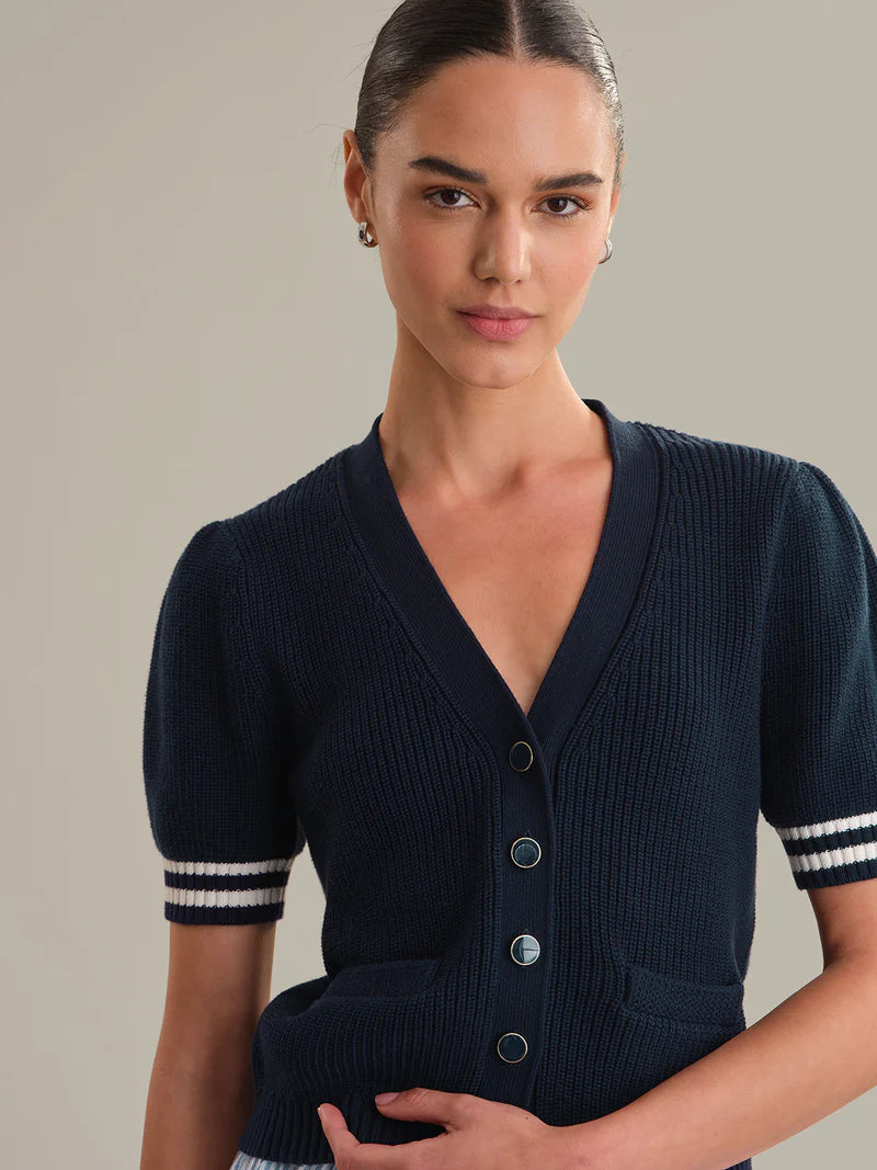 525 Avalon Puff Sleeve Dark Blue Button Front Cardigan