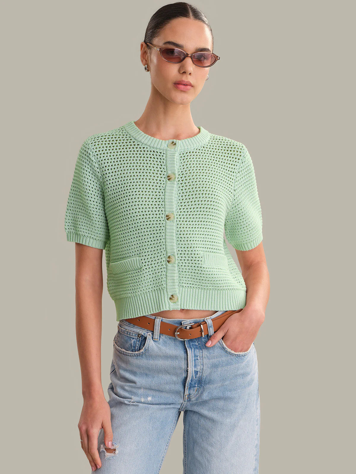 525 Celine 100% Cotton Cropped Pointelle Cardigan Silt Green