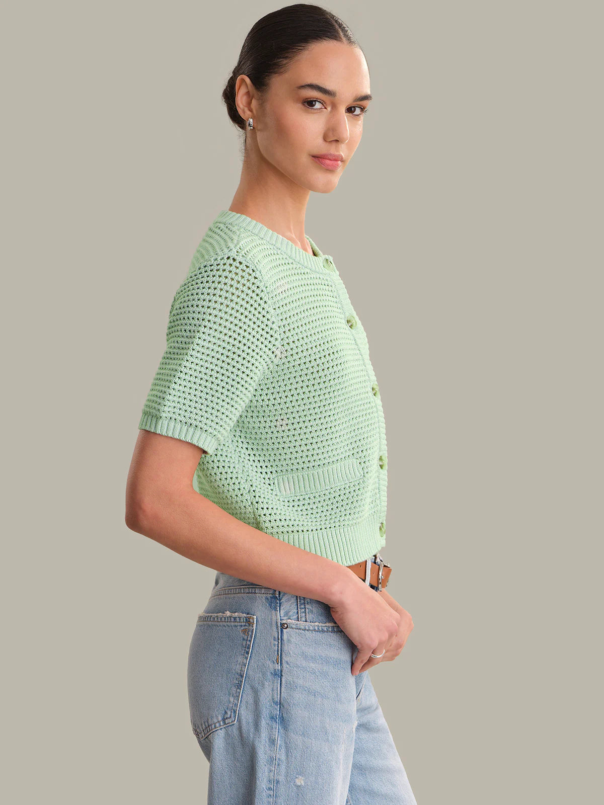 525 Celine 100% Cotton Cropped Pointelle Cardigan Silt Green