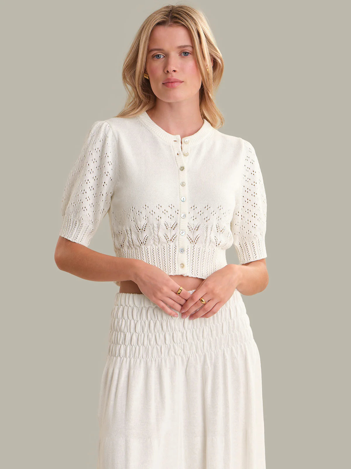 525 Odette Cropped Puff-Sleeve Cardigan Chalk