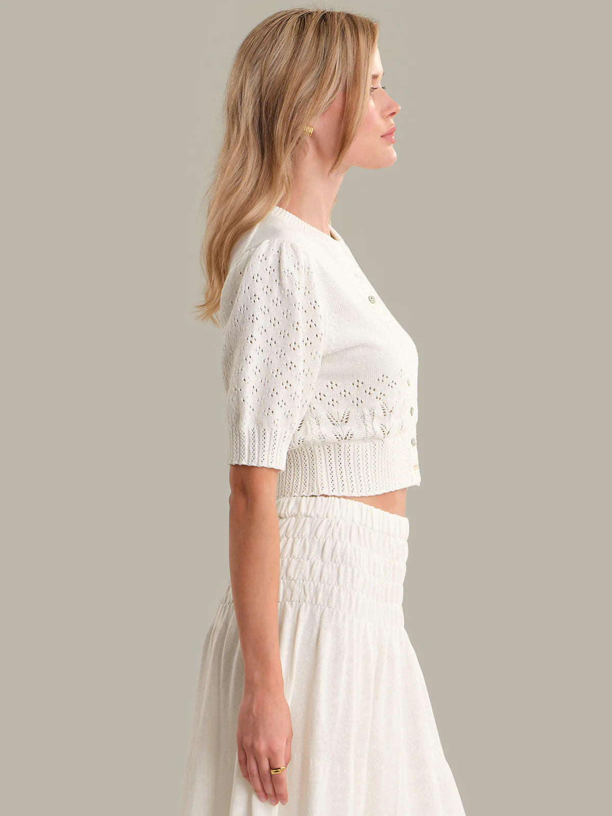 525 Odette Cropped Puff-Sleeve Cardigan Chalk