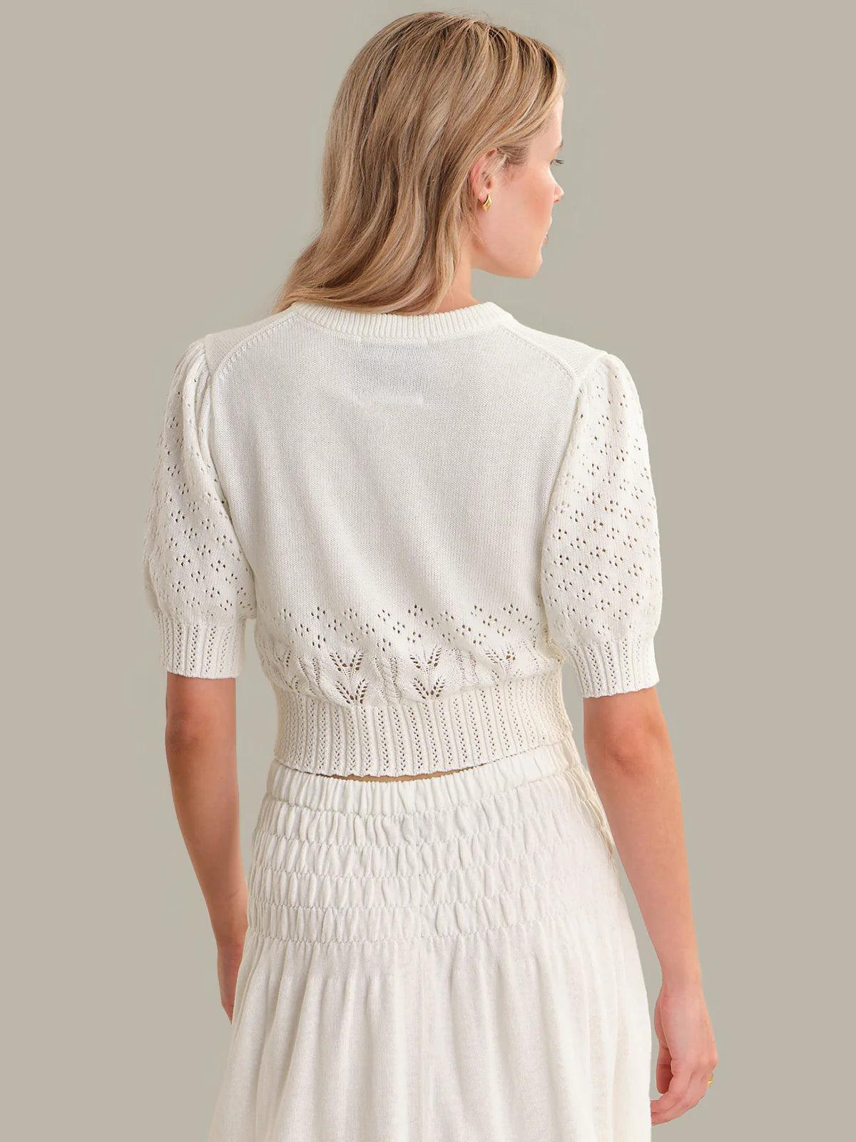 525 Odette Cropped Puff-Sleeve Cardigan Chalk