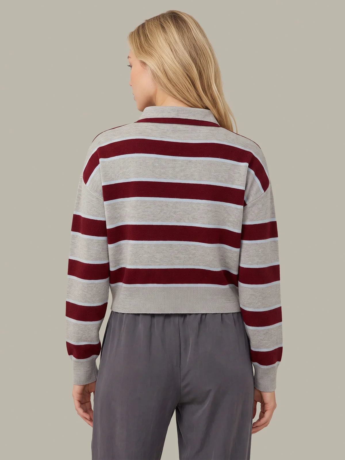 525 Vera Double Johnny Collar Rugby Stripe Pullover Grey Combo