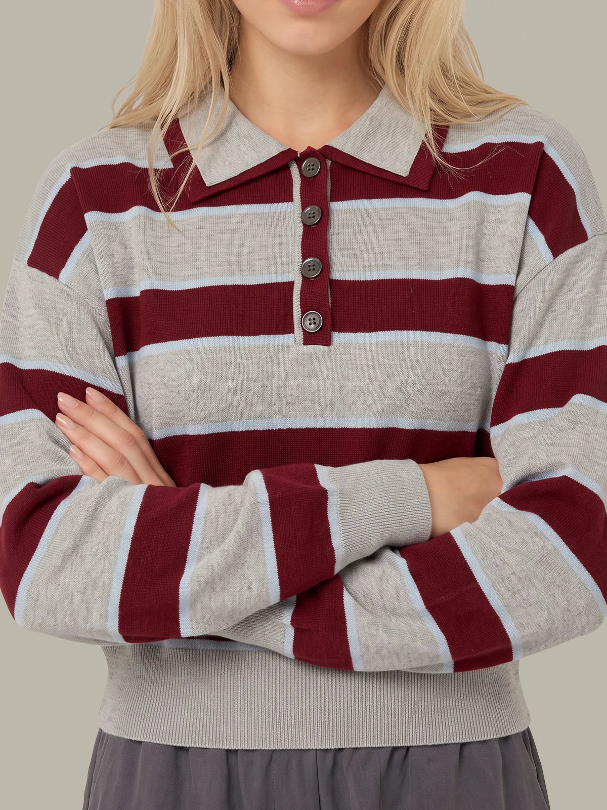 525 Vera Double Johnny Collar Rugby Stripe Pullover Grey Combo