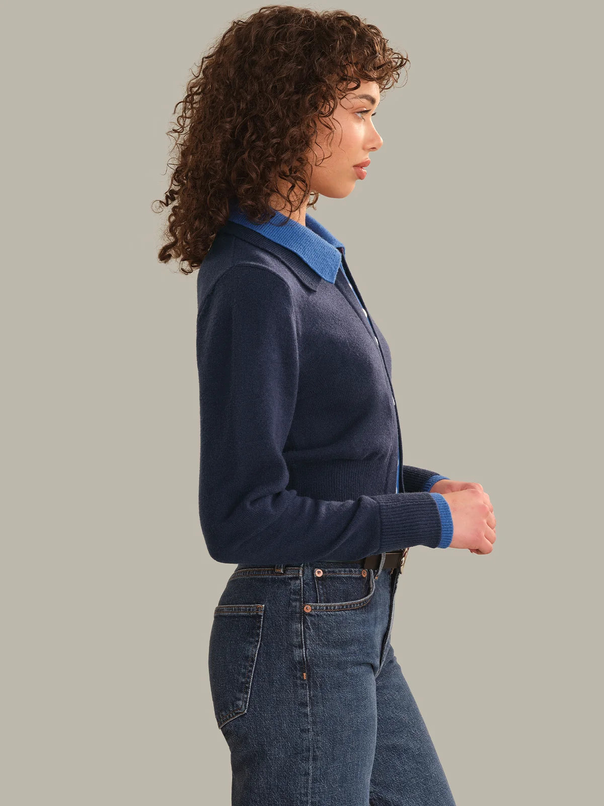 525 Priscilla Faux Double Layer Polo Cardigan Dark Blue Combo