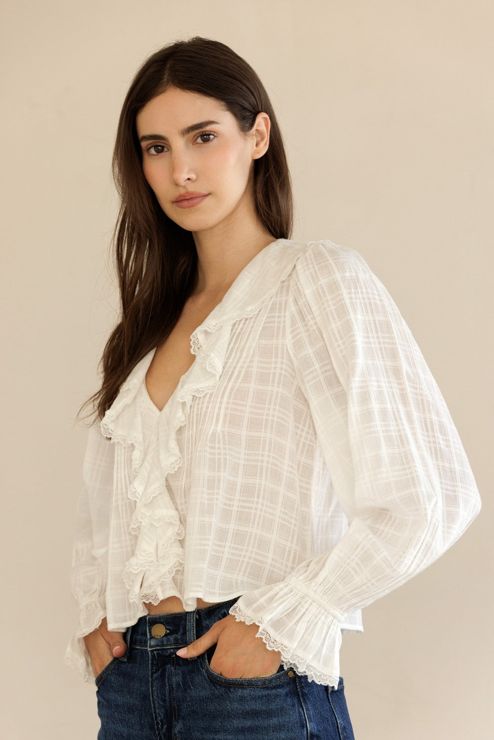 Adhara White Ruffle V-Neck Blouse