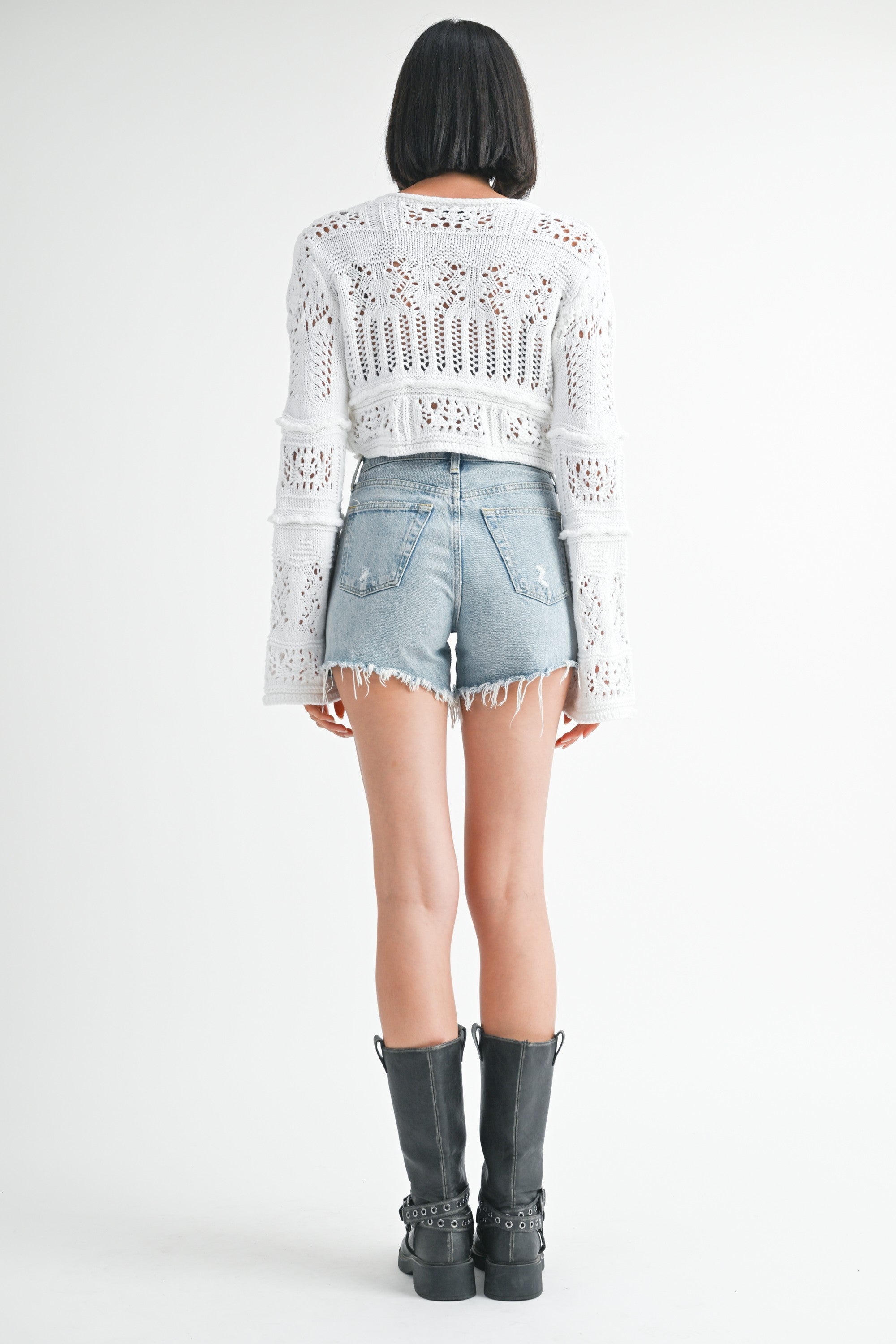 Kiki Crochet Bell Sleeve Cropped Sweater | White