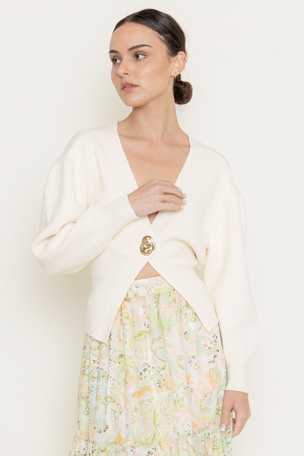 Lucy Gold Button Cardigan Cream