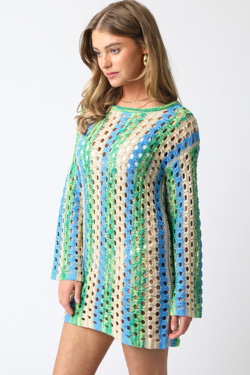 Ollie Crochet Striped Mini Dress | Blue Green
