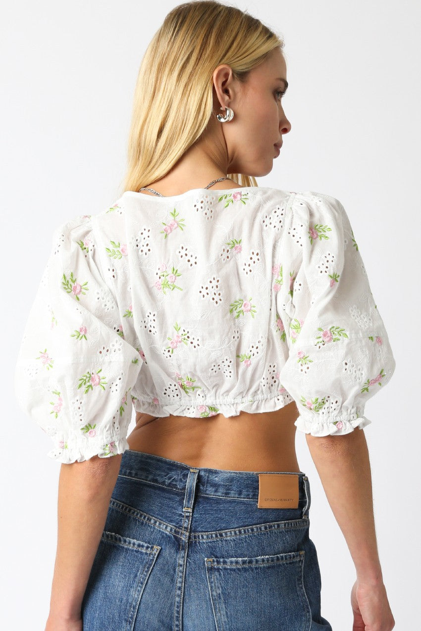Raea Floral Eyelet Crop Top | Ivory