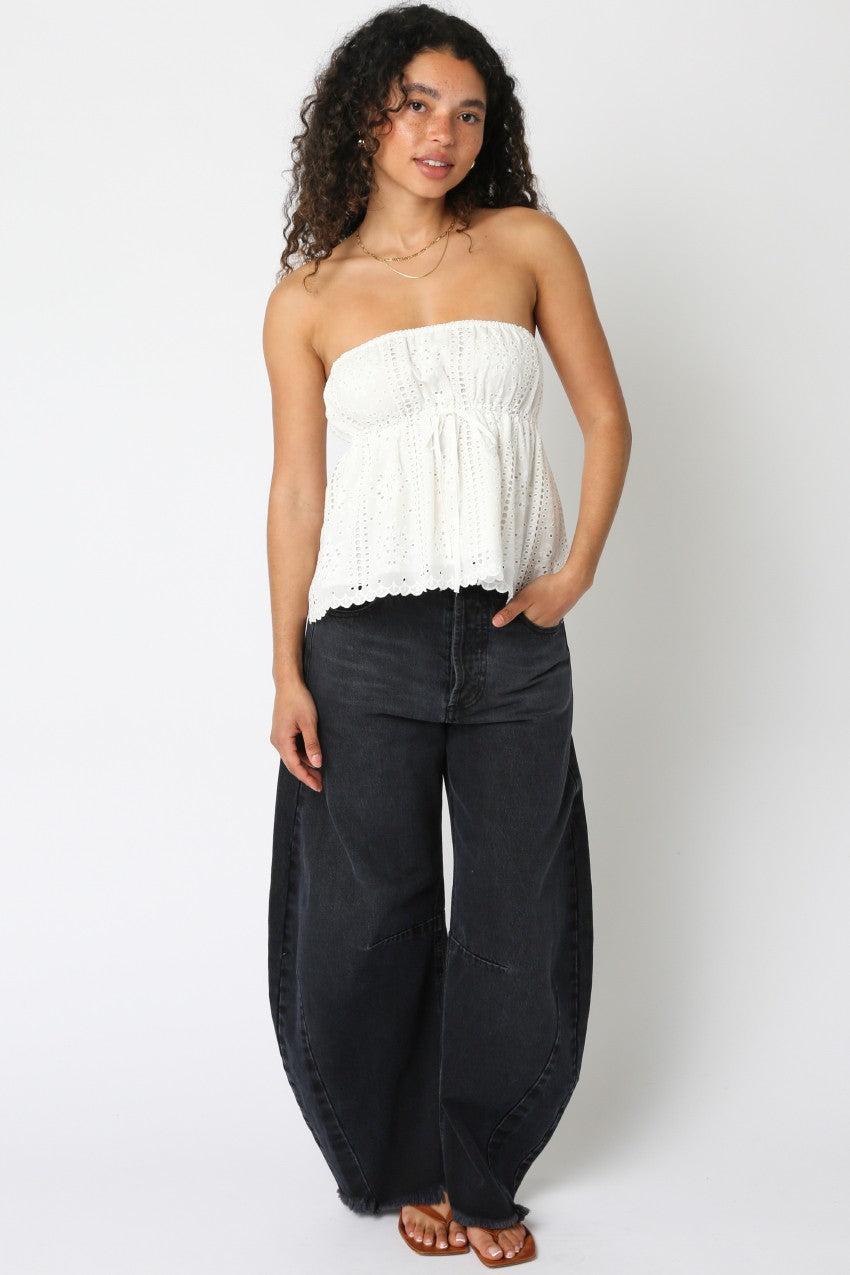 Maura Floral Eyelet Strapless Top | White