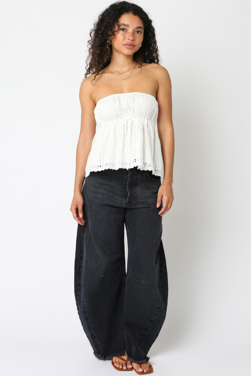 Maura Floral Eyelet Strapless Top | White