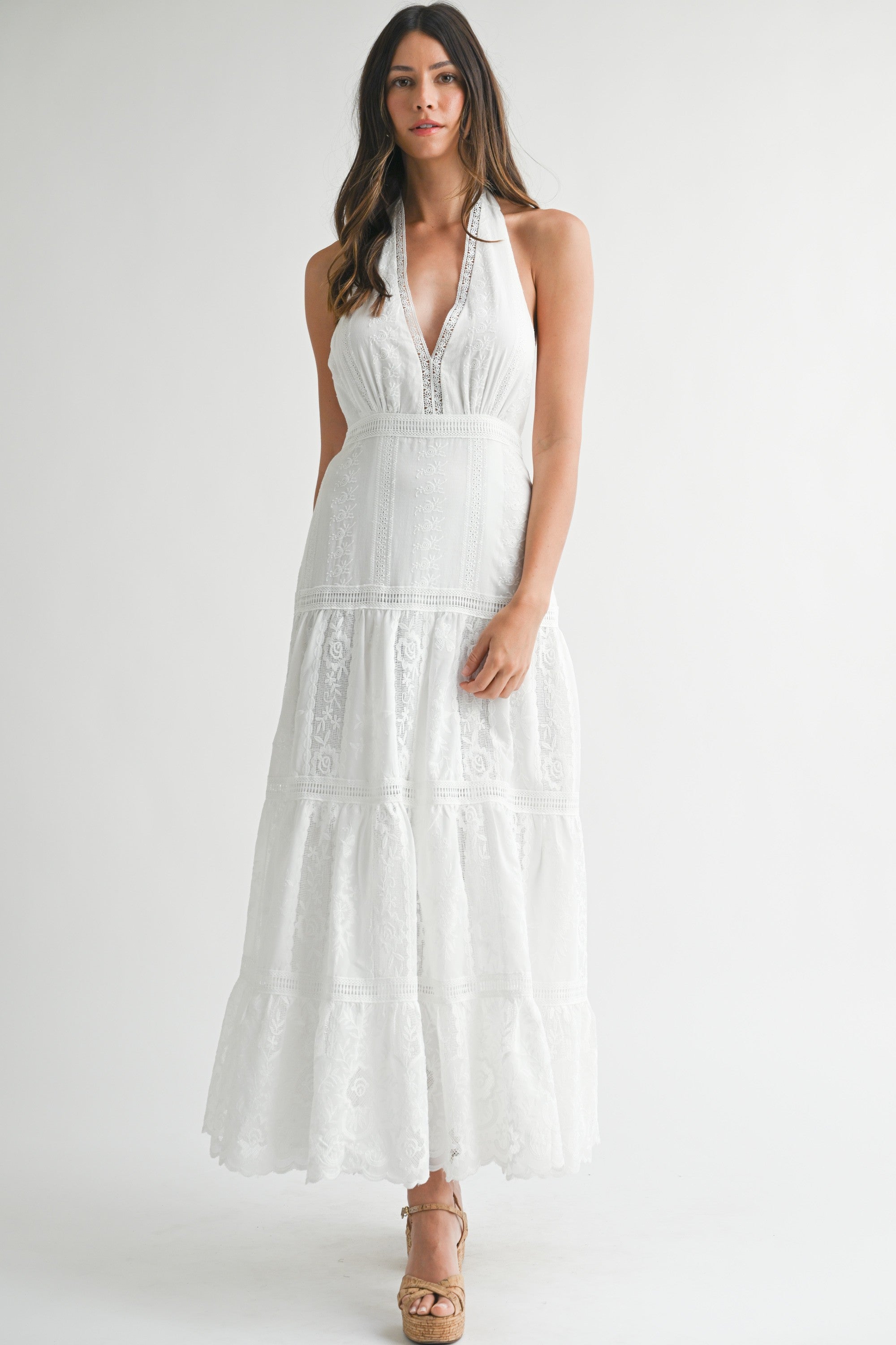 Maura White Embroidered Halter Maxi Dress