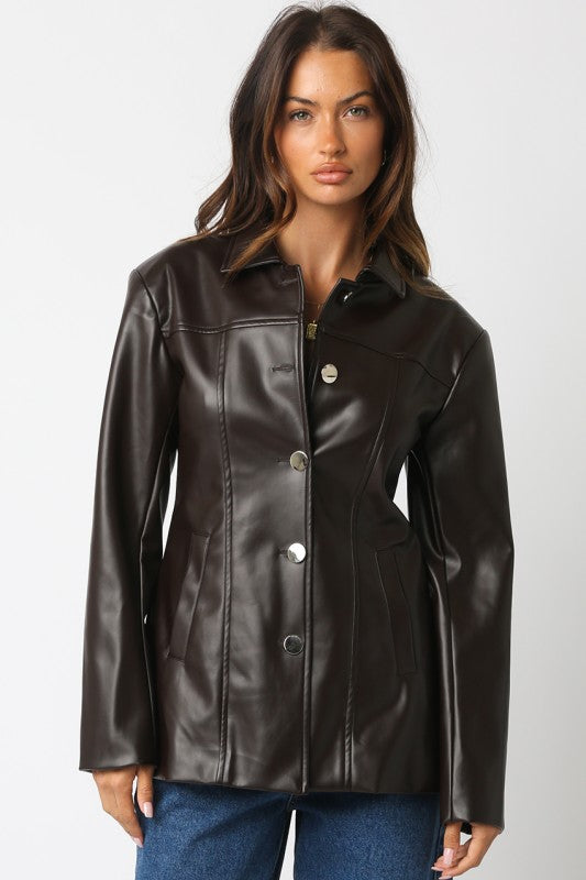 Lucia Brown Faux Leather Blazer Jacket