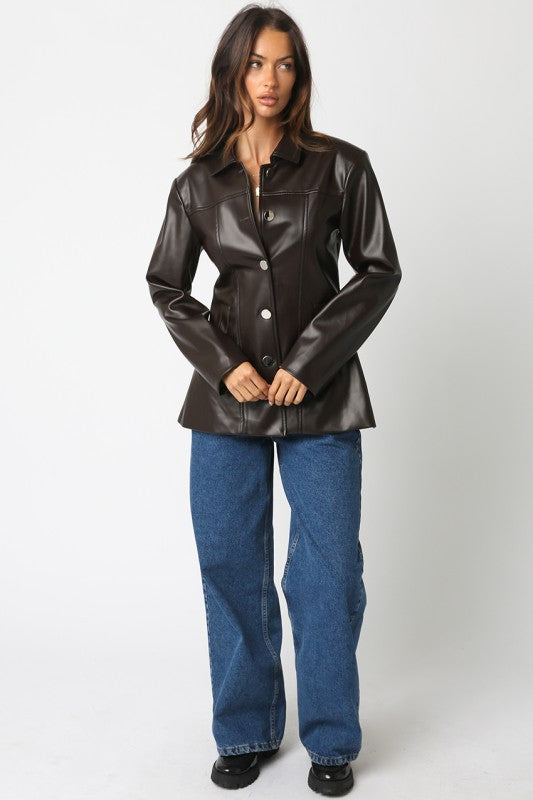 Lucia Brown Faux Leather Blazer Jacket