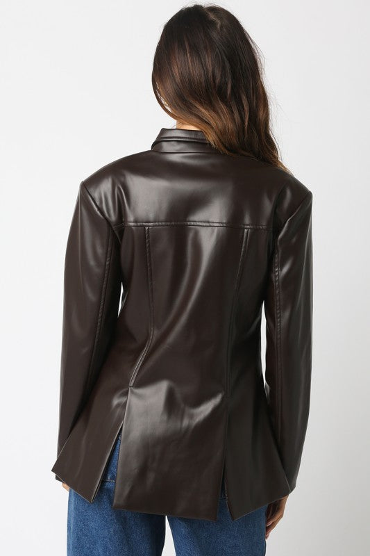 Lucia Brown Faux Leather Blazer Jacket