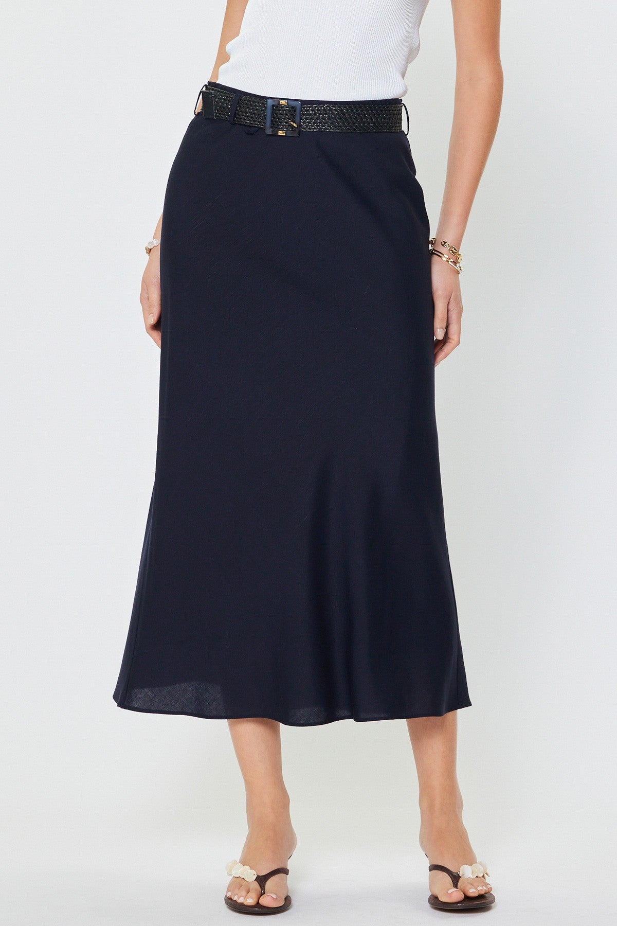 Current Air Crystal Linen Blend Maxi Skirt W/raffia Belt