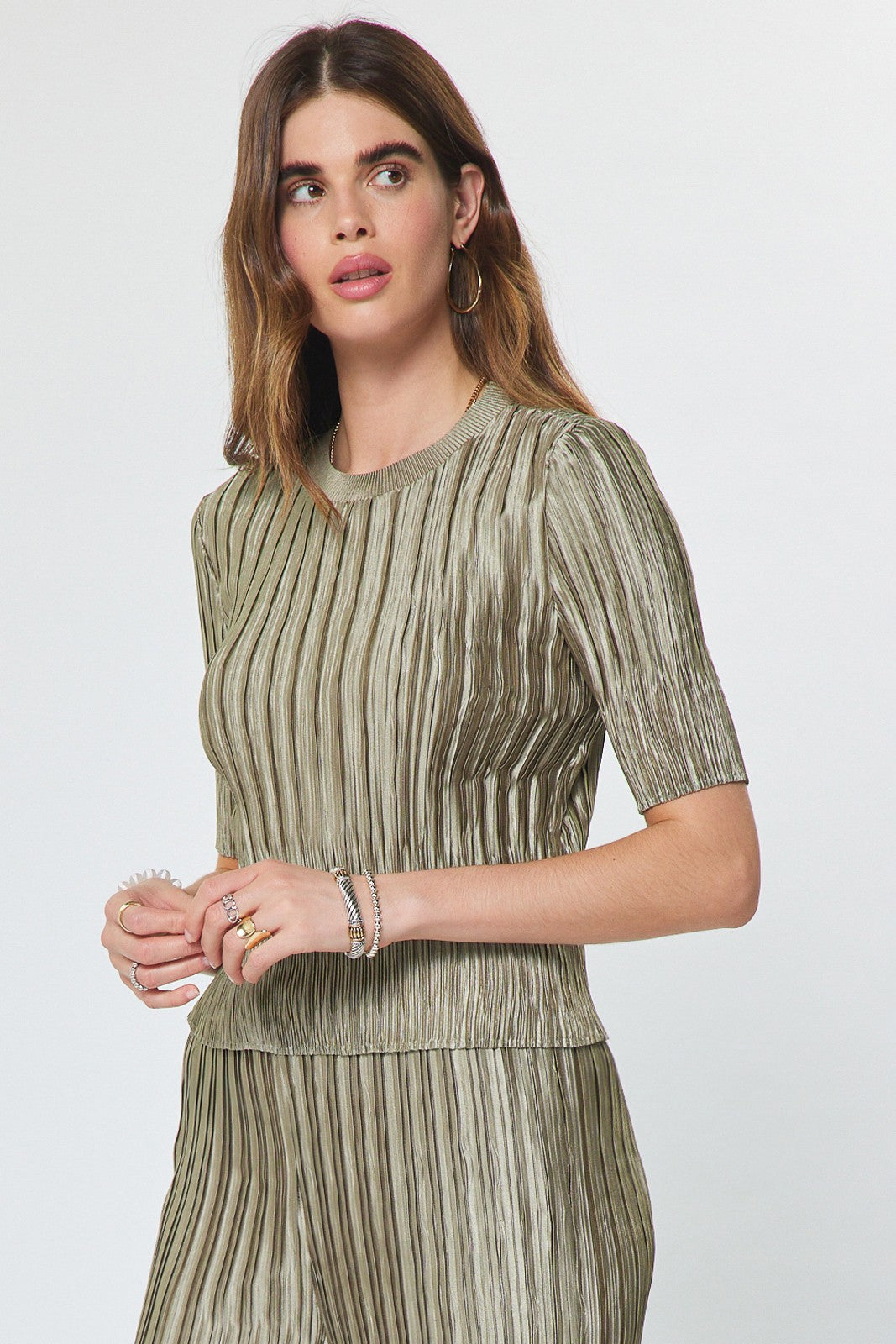 Tanya Olive Pleated Short Sleeve Top