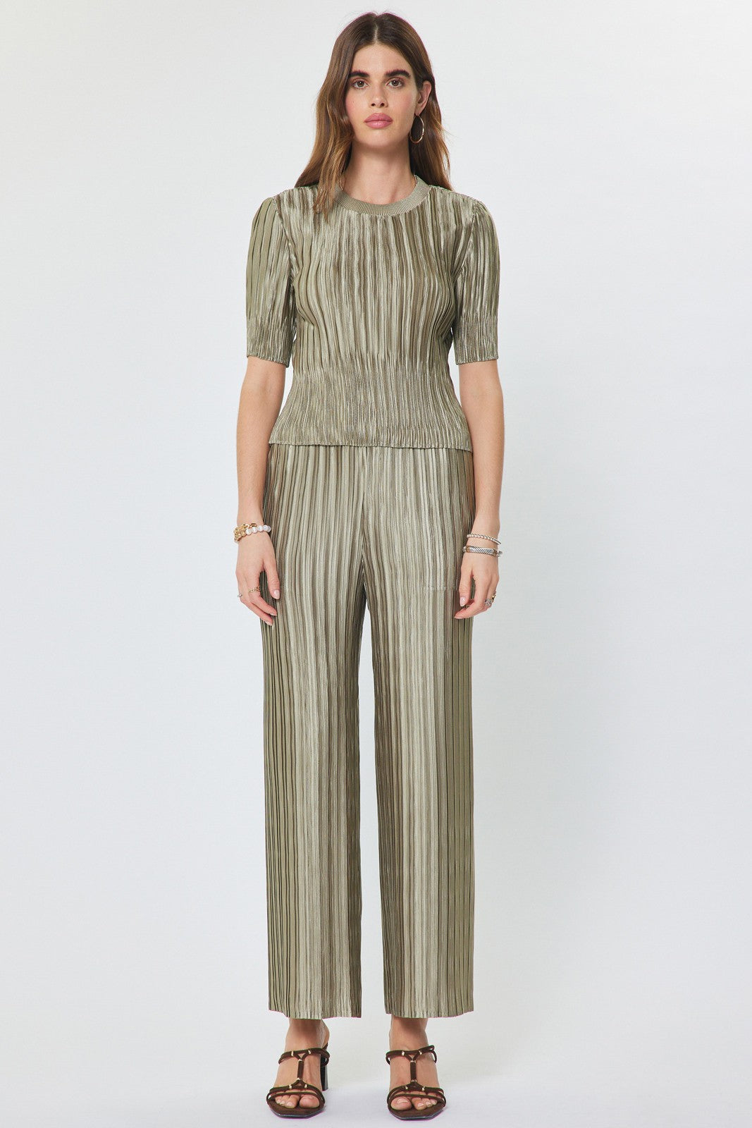 Tanya Olive Pleated Short Sleeve Top