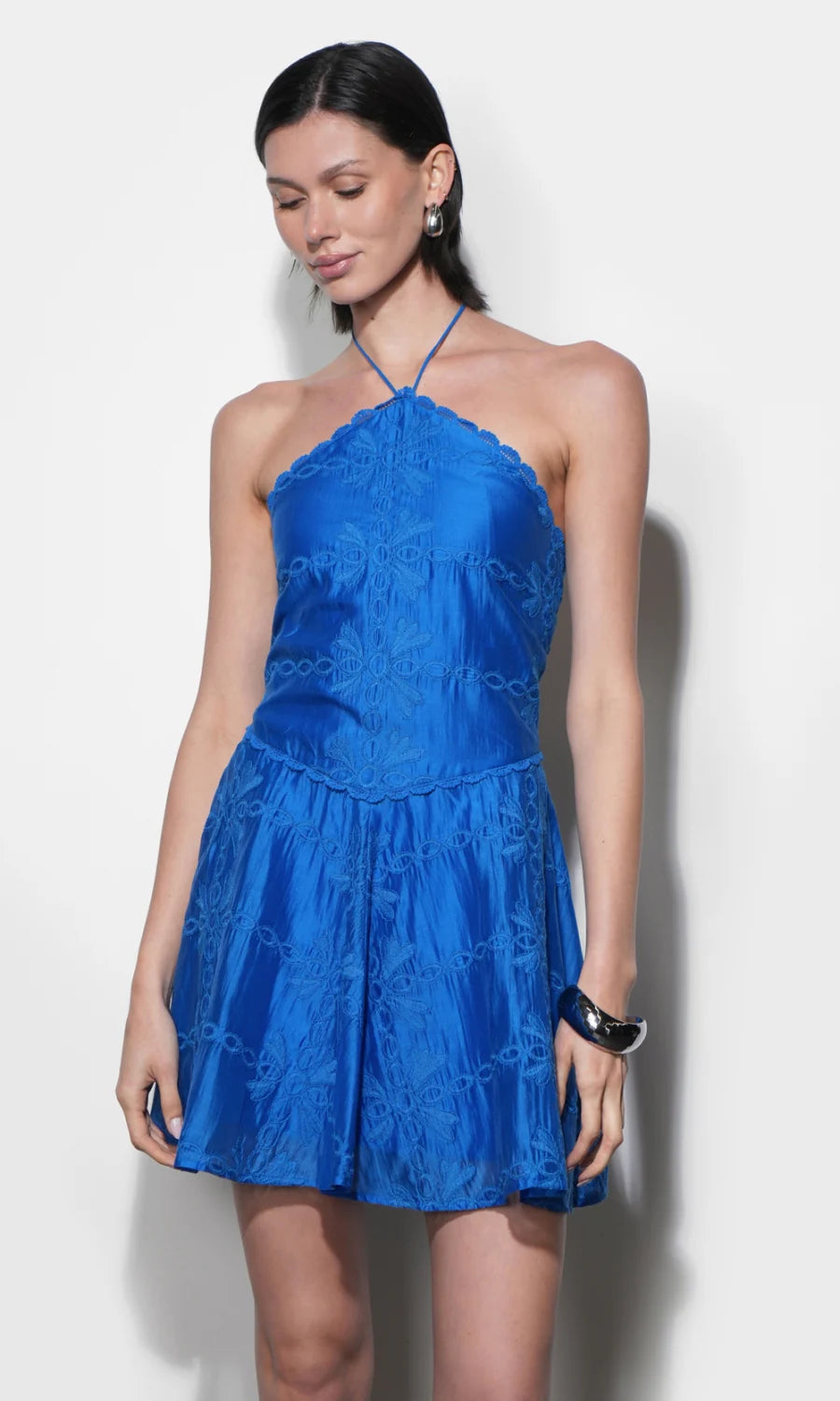 Greylin Callie Jelly Blue Embroidered Halter Mini Dress