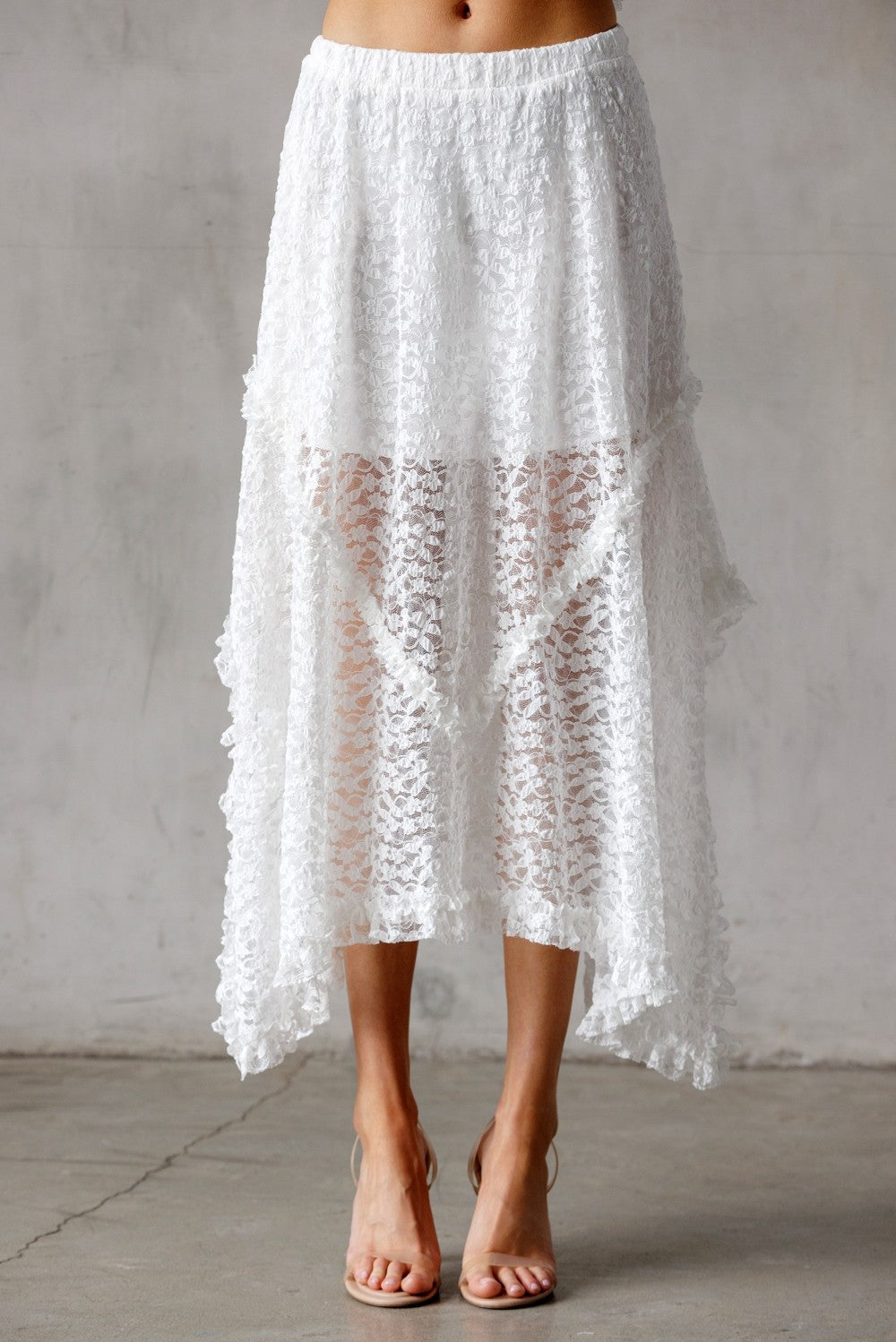 Grace Lace Asymetrical Midi Skirt | White