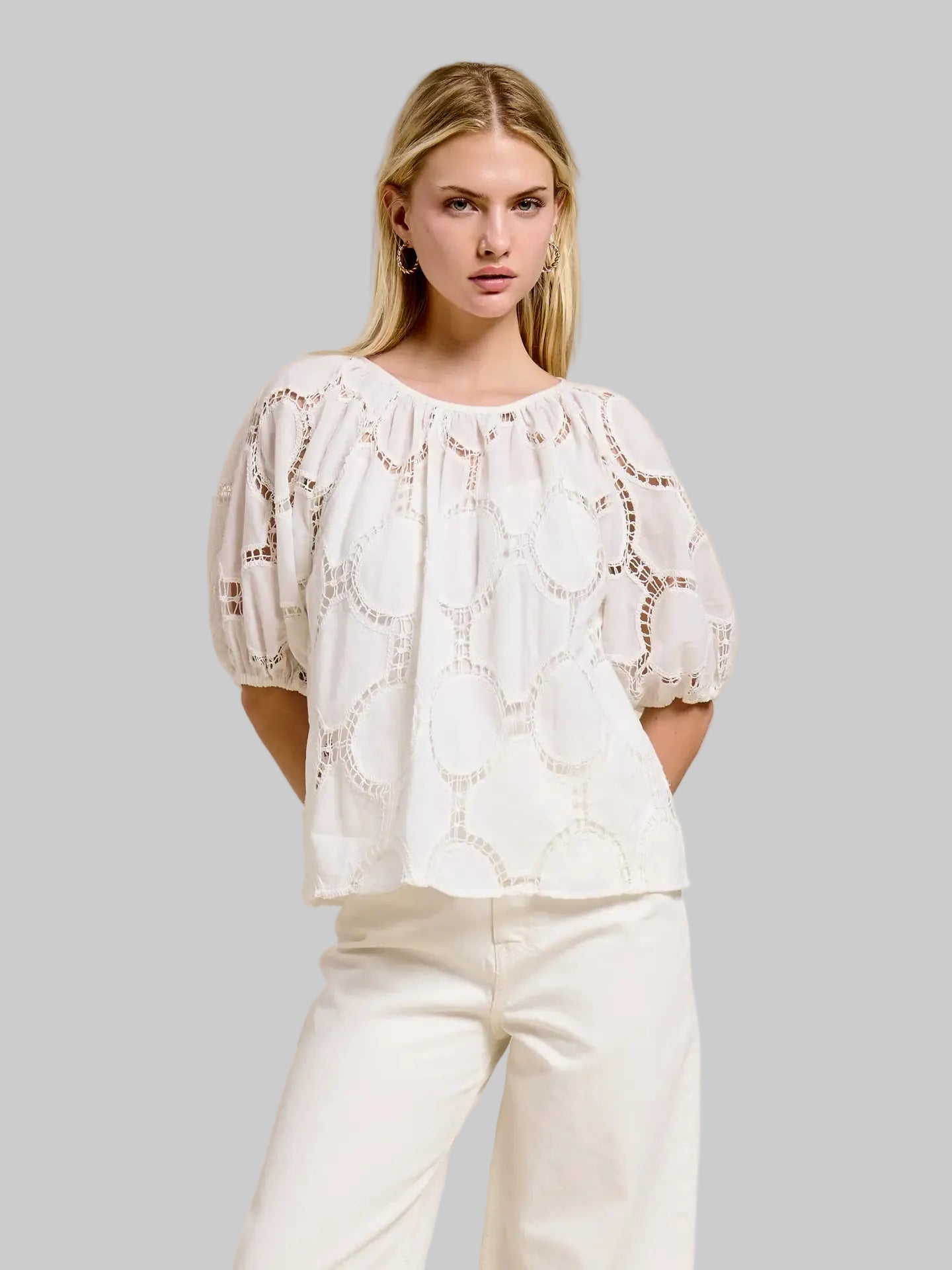 Flat White Bloom Eyelet White Blouse