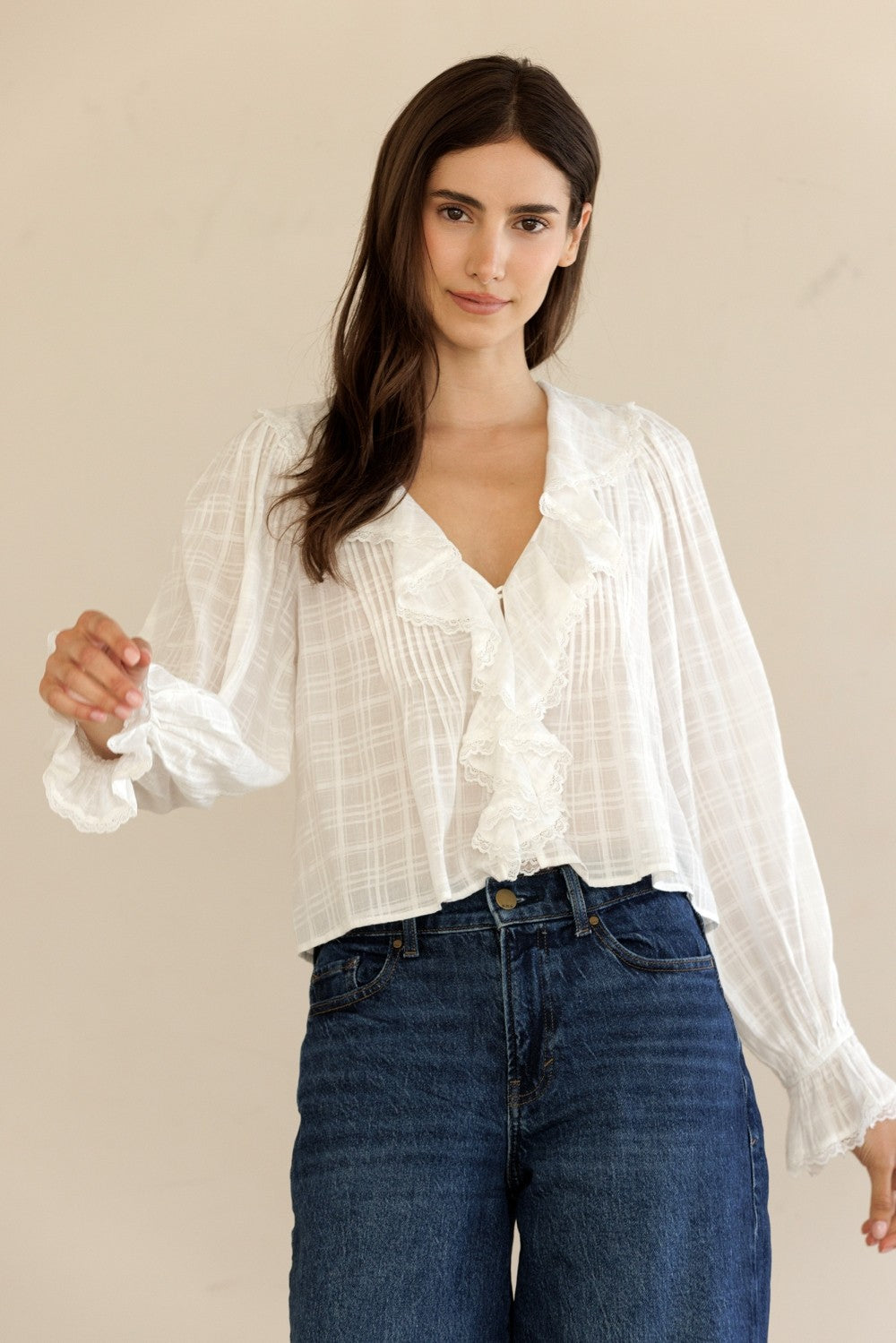 Adhara White Ruffle V-Neck Blouse