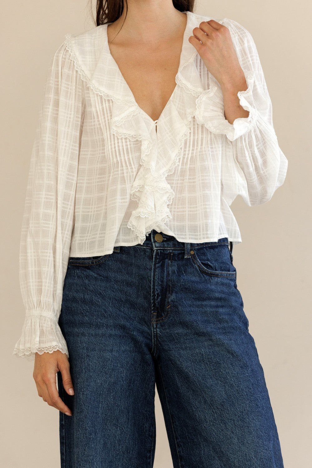 Adhara White Ruffle V-Neck Blouse