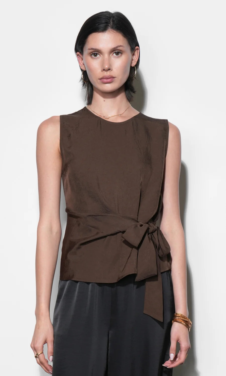 Greylin Lola Brown Sleeveless Side Tie Blouse