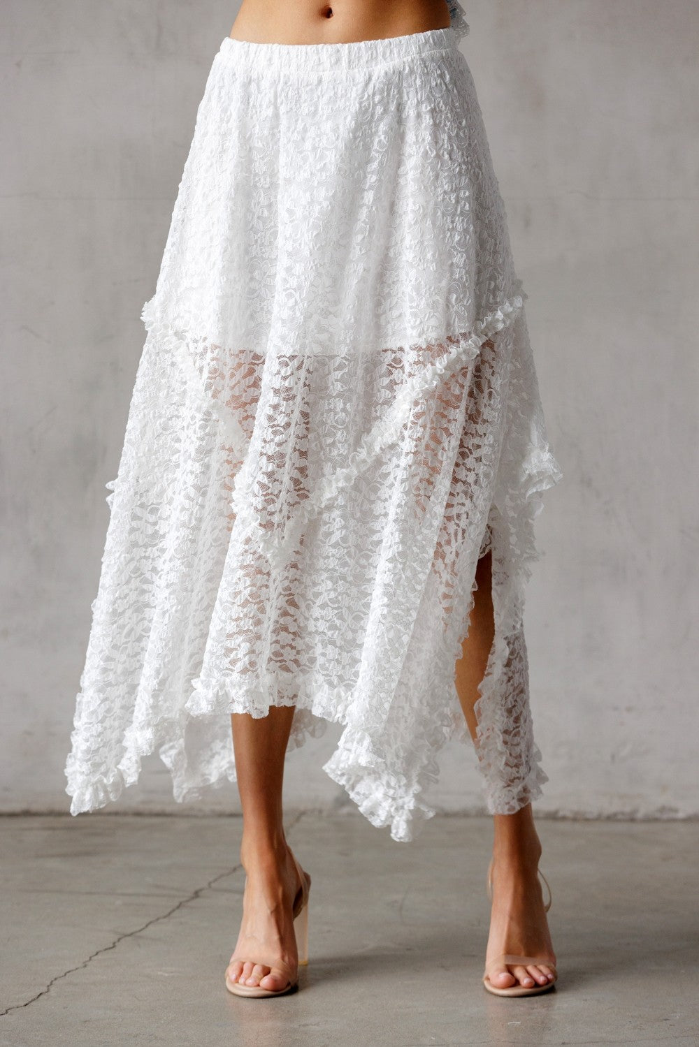 Grace Lace Asymetrical Midi Skirt | White