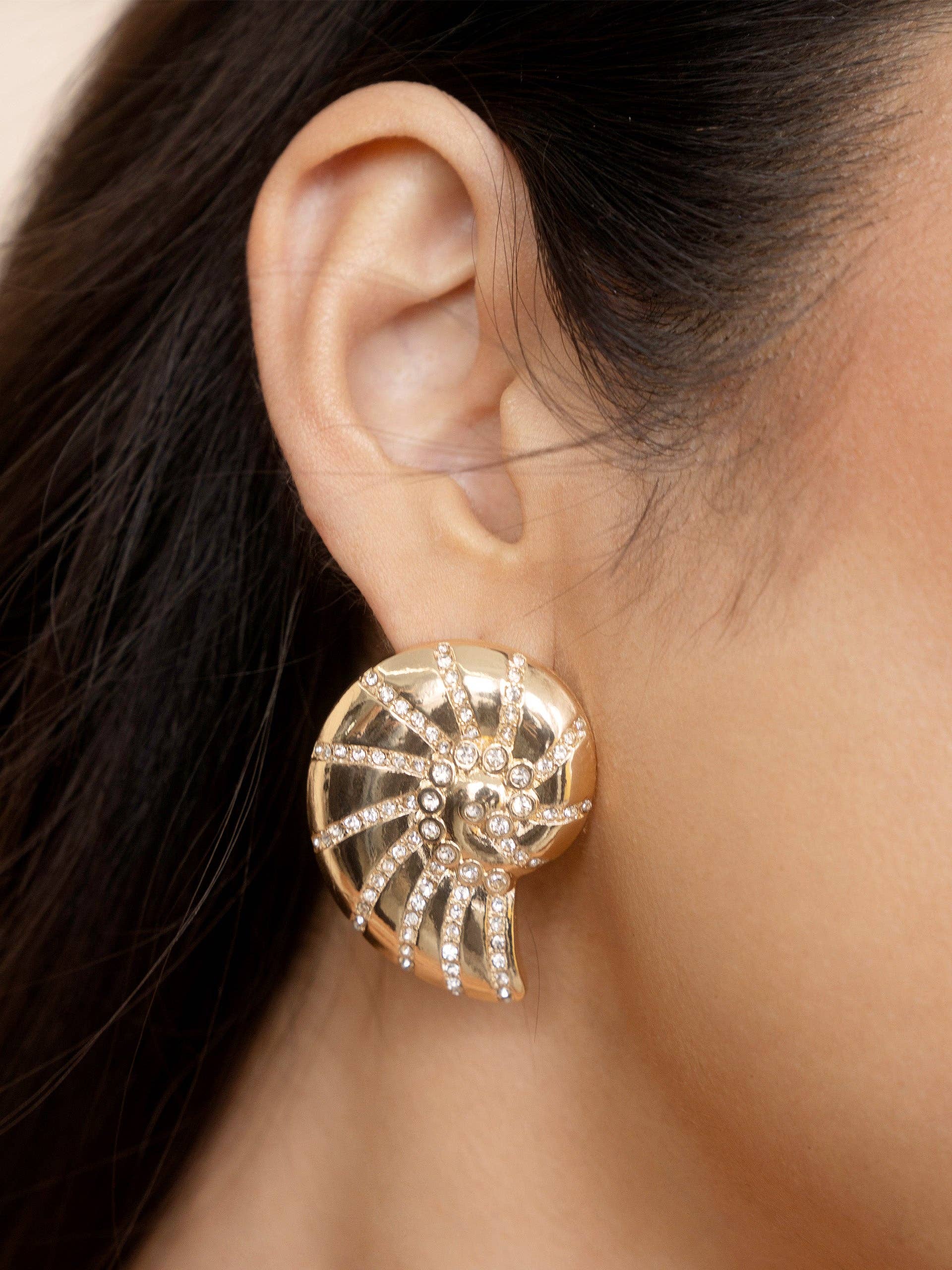 Crystal Studded Nautilus Zinc Shell Earrings