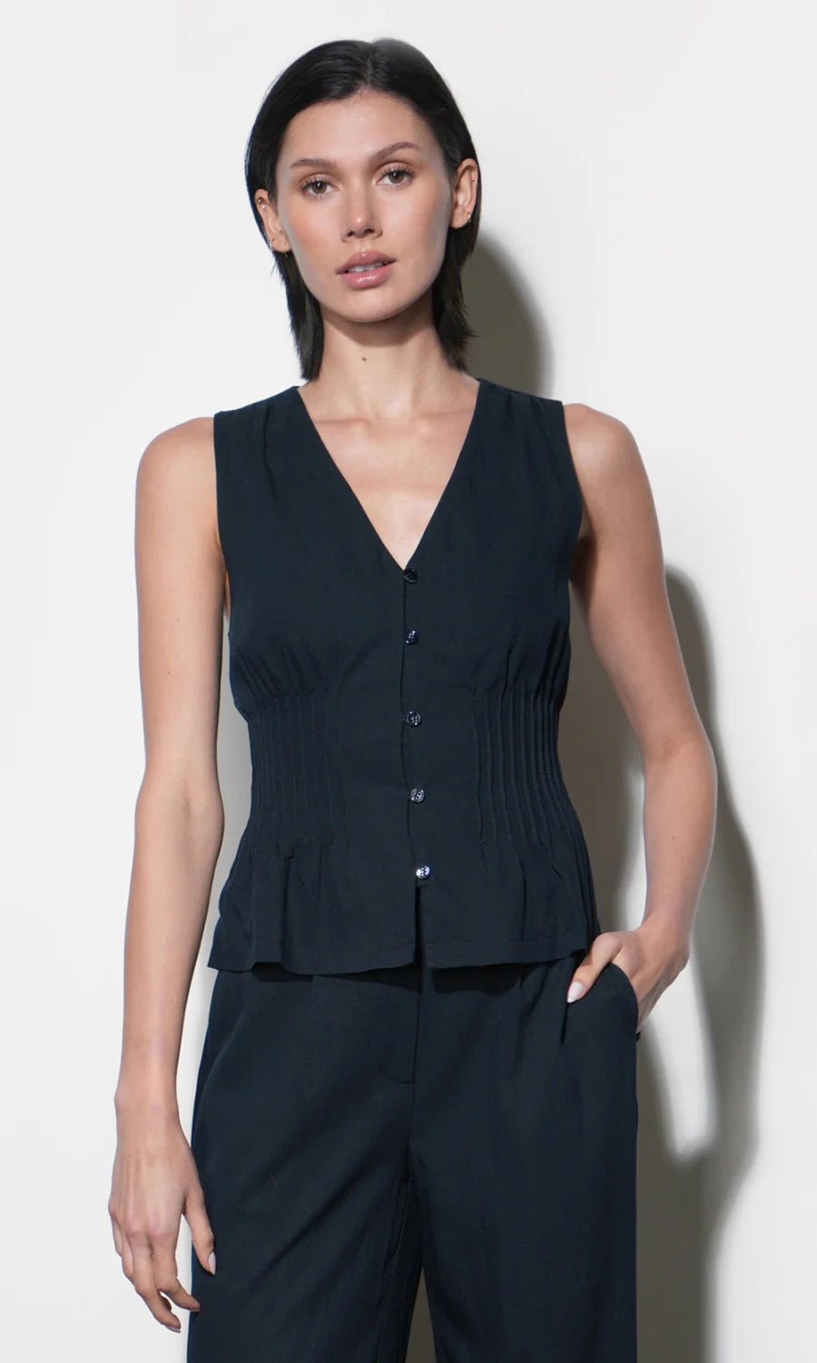 Greylin Lily Pintuck Navy Sleeveless Top