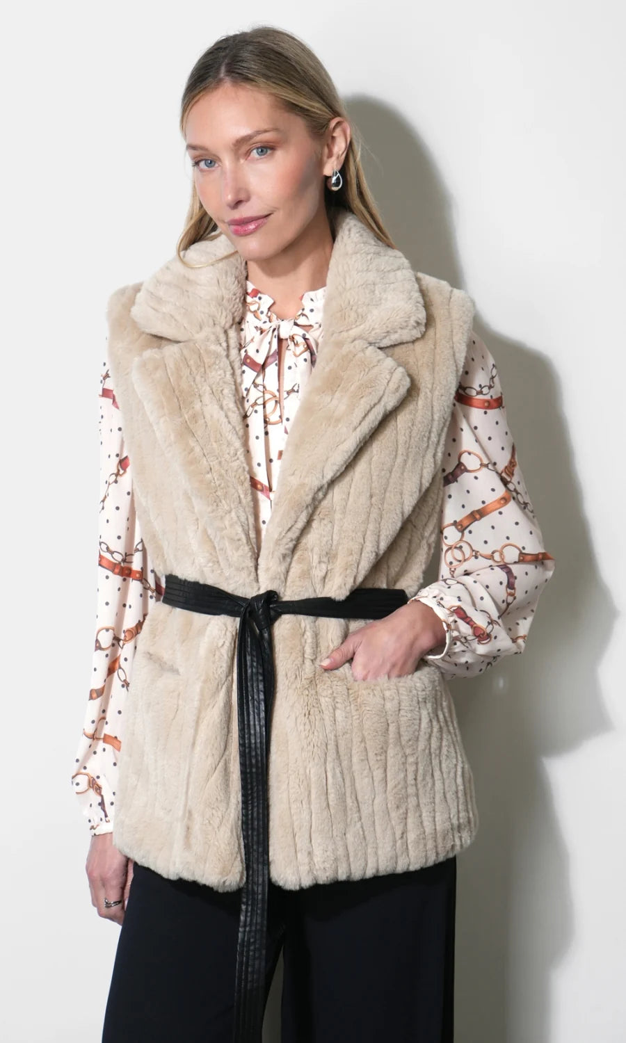 Greylin Cosette Faux Fur Vest With Tie Belt