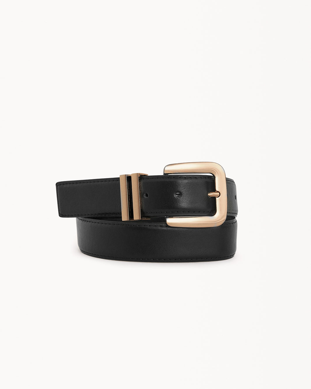 Black leather belt with a gold buckle on a white background. Billini Dahlia Belt Coco Kimono