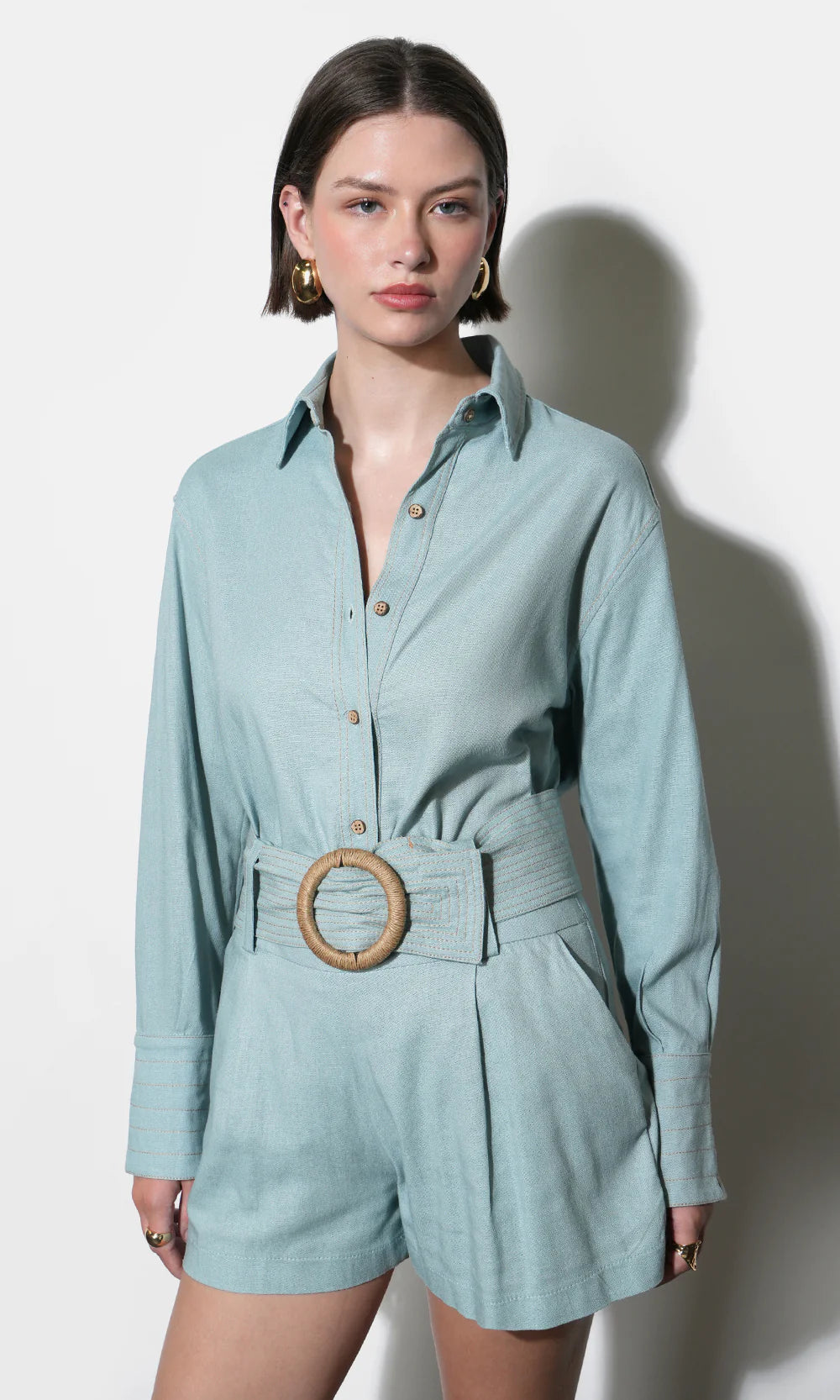 Greylin Lily Belted Denim Blue Linen Blend Shorts