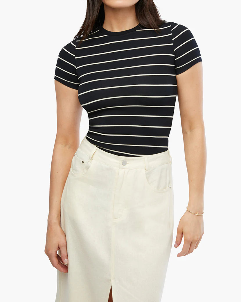 Striped Fitted Crew Neck Top | Black & Antique White