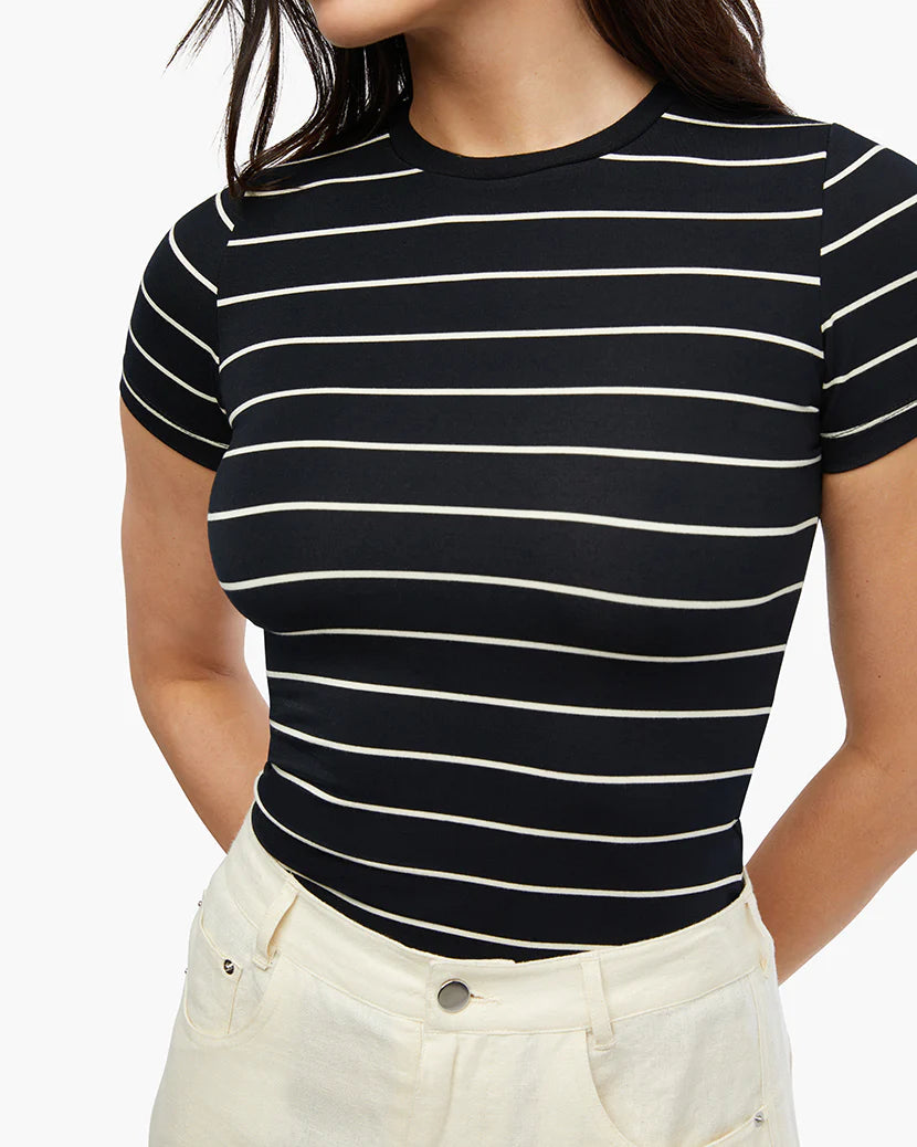 Striped Fitted Crew Neck Top | Black & Antique White