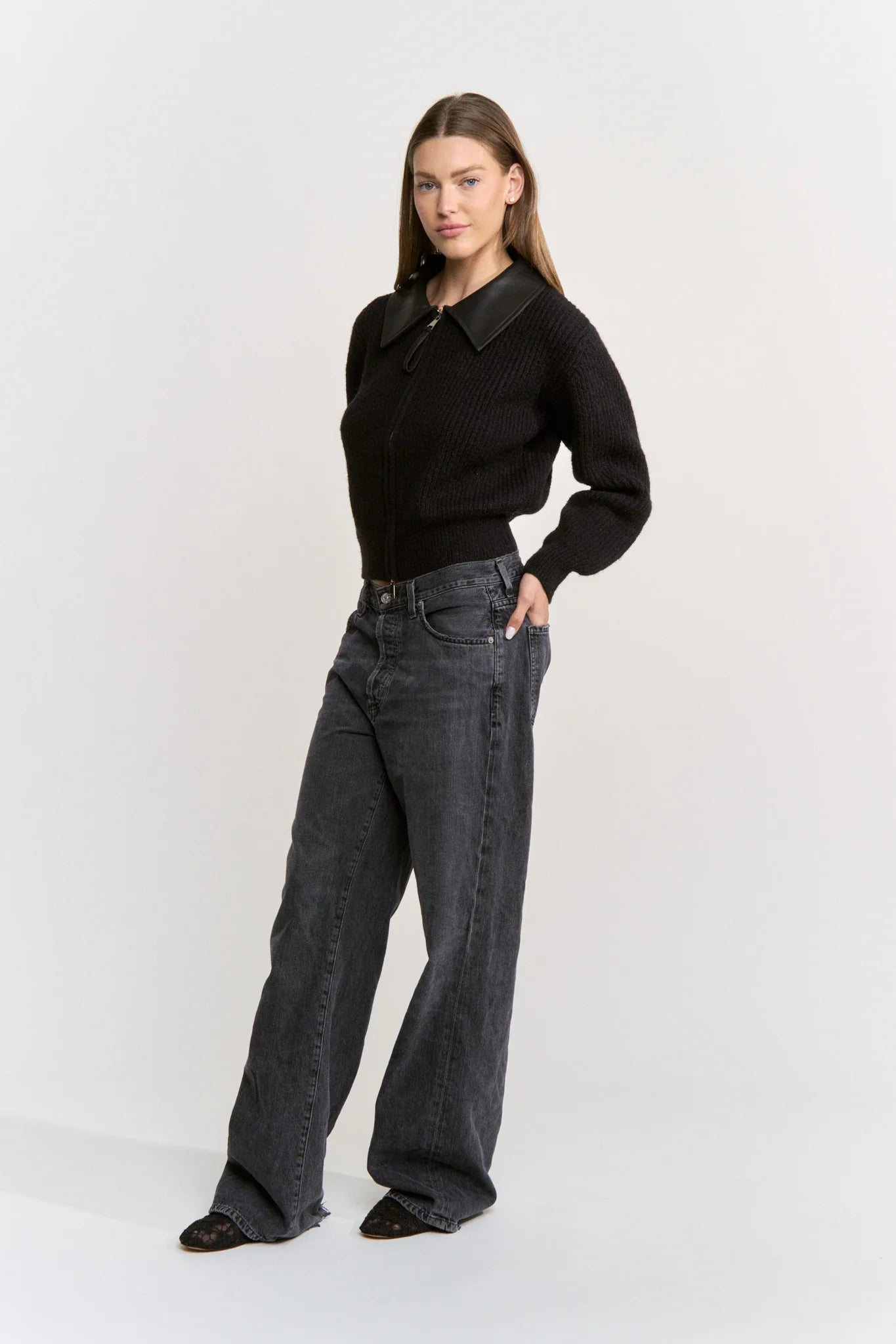 En Saison Aileen Black Sweater Zip Up Cardigan