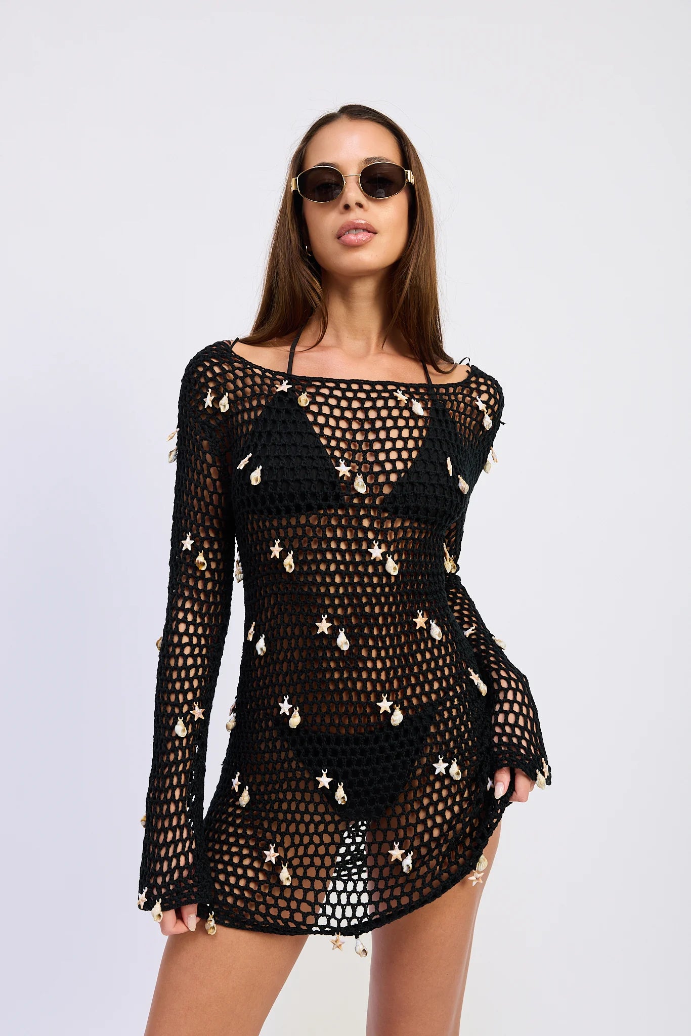 En Saison Dahlia Black Crochet Seashell Mini Dress Cover Up