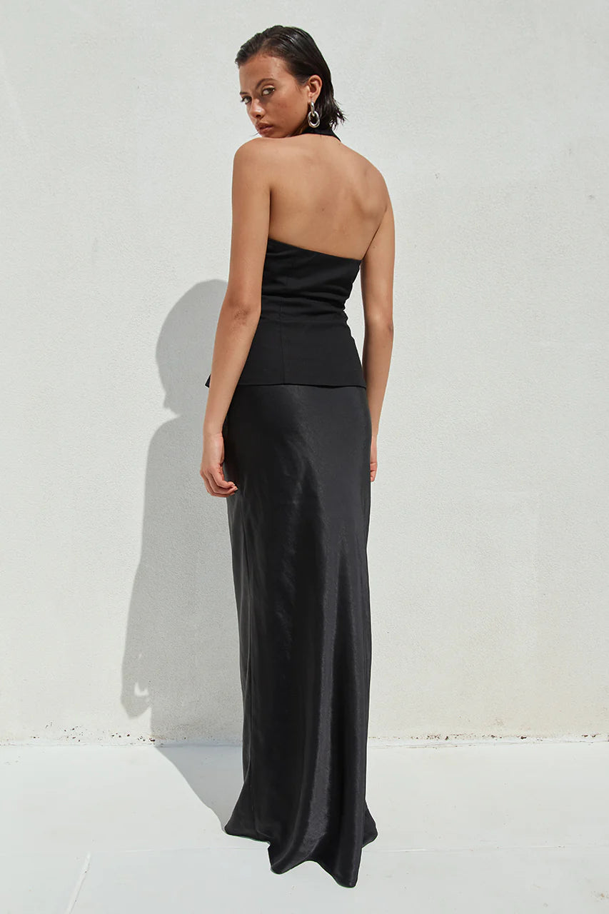 Elindra Black Satin Maxi Skirt