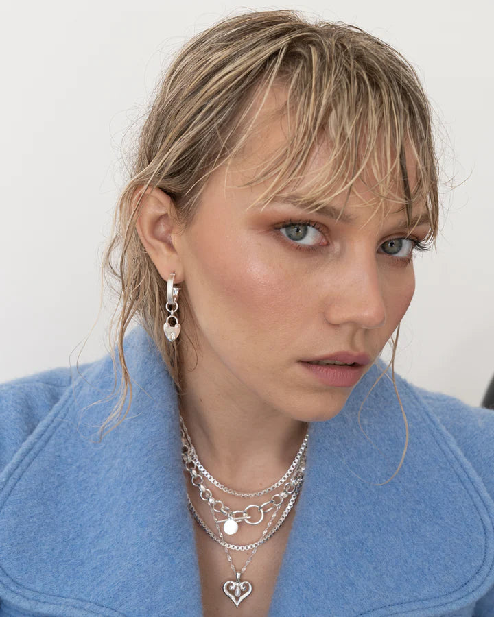Mountain and Moon | Heart Mini Hoops Silver