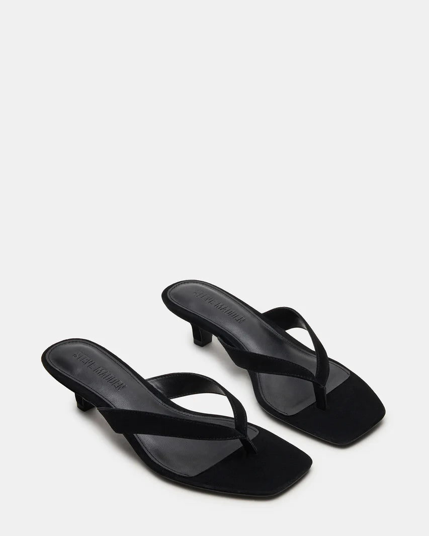 Tracie Black Suede Thong Strap Kitten Heels